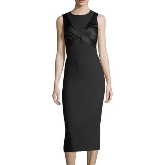 NWT Cinq a Sept Adelise Dress 2 Black Satin Cocktail Holiday Sheath Midi 10‎ - Picture 1 of 8